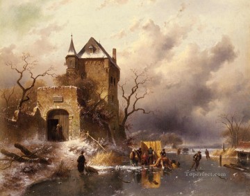 チャールズ・ライカート Painting - 城跡の風景のそばの凍った湖のスケーターたち チャールズ・ライカート